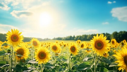 Obraz premium Sunflower Field. Sunflowers in Bloom. Sunflower Garden. Golden Hour Sunflowers. Sunny Sunflower Field.
