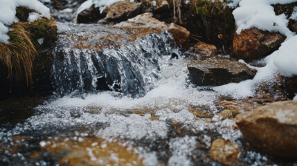 serene mountain stream flows gently over rocks, with melting snow creating beautiful contrast. clear water sparkles as it cascades, evoking sense of tranquility and natures beauty