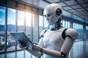 Ai robot using tablet with AI artificial intelligence technology