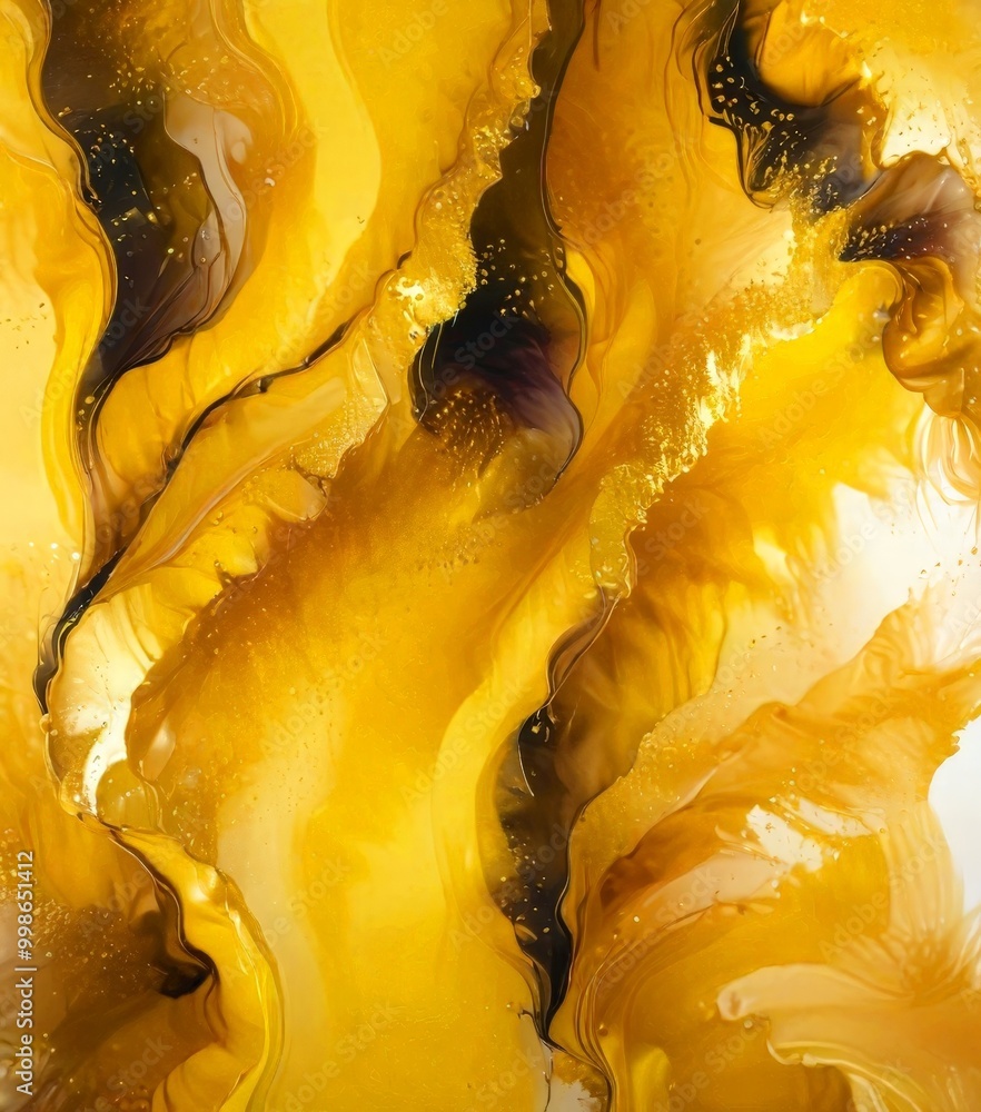 Aufkleber an abstract painting featuring a swirling pattern of yellow and black hues, with some areas appearing to be in motion, creating a dynamic and energetic composition