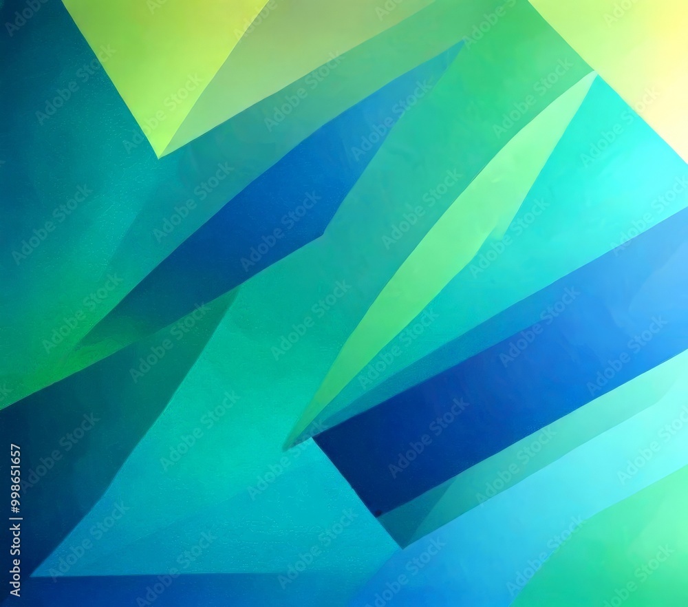 Poster a vibrant abstract composition of overlapping triangular shapes in various shades of green, blue, an
