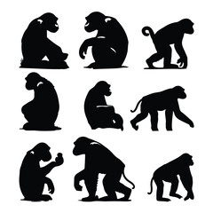 black silhouette chimpanzees set vector with white background