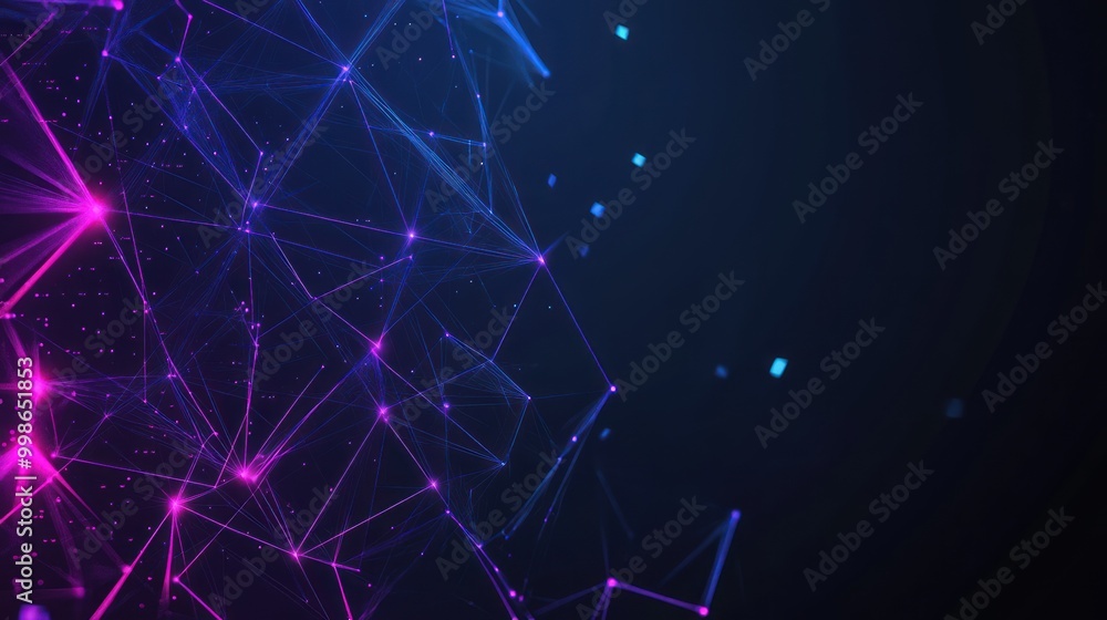Poster abstract background with blue and pink glowing lines and dots.