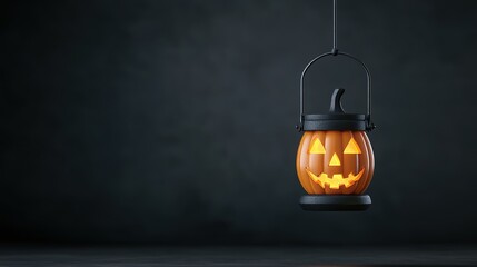 Spooky pumpkin lantern hanging against a dark background, perfect for Halloween decor.