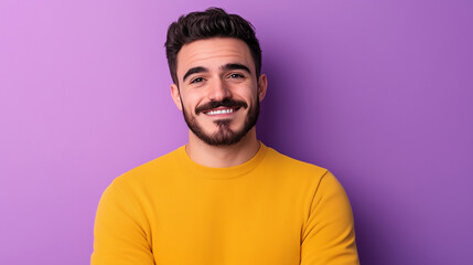 Obraz premium A man with a sarcastic grin, one eyebrow raised as if he's about to say something witty, standing against a pastel purple background.
