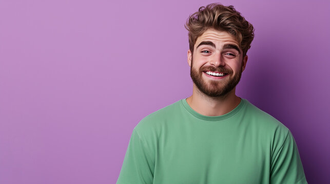 A man with a sarcastic grin, one eyebrow raised as if he's about to say something witty, standing against a pastel purple background.