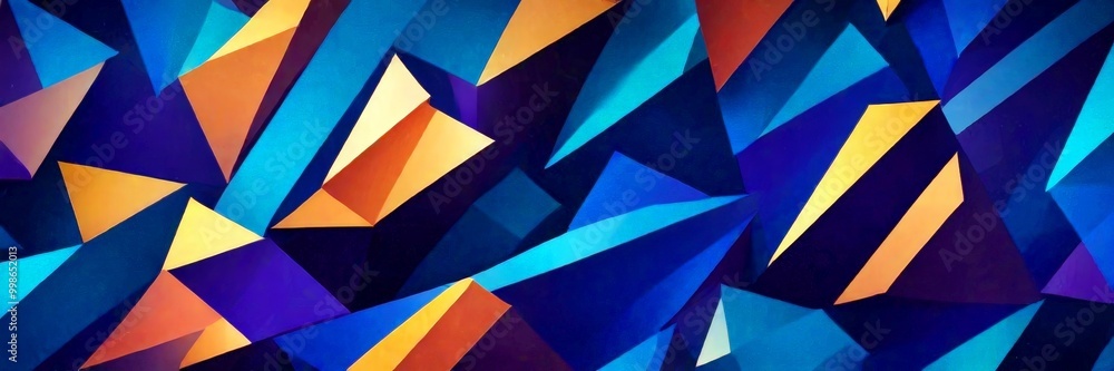 Fototapete a vibrant abstract composition of overlapping triangular shapes in various shades of blue, orange, and yellow, creating a dynamic and visually striking pattern