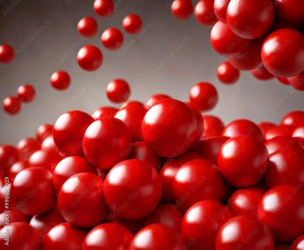 Poster A cluster of red spheres is depicted against a dark background, with some spheres floating in the air and others resting on a surface