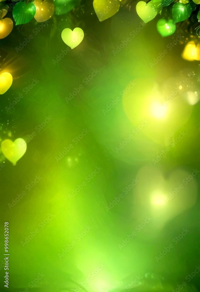 Poster a blurred green background with a scattering of yellow and white heart-shaped lights, creating a dre
