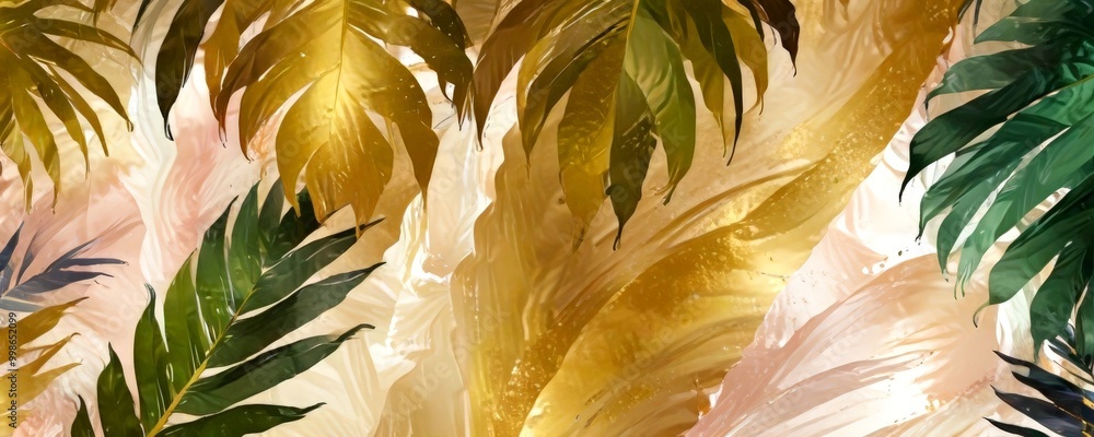 Poster a vibrant abstract composition of tropical leaves in various shades of green, yellow, and brown, cre