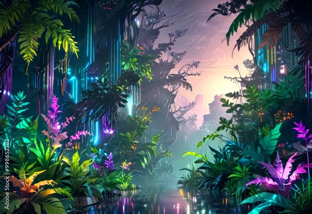 Poster a fantastical, lush jungle scene with a river flowing through it, surrounded by a multitude of vibra