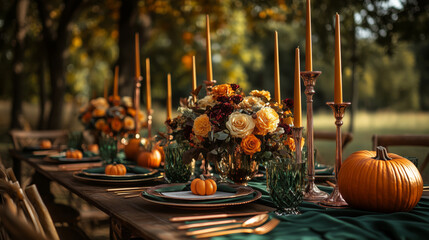 Beautifully decorated outdoor festive table with fall decorations, pumpkins and candles