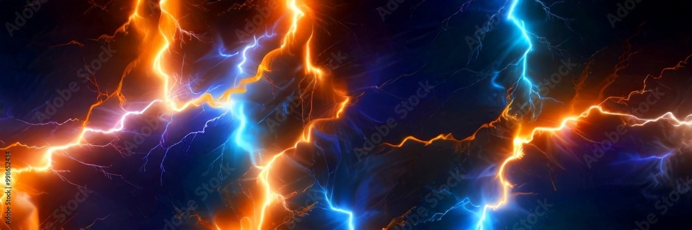 Poster a dynamic scene of lightning striking in a chaotic pattern, with alternating bands of orange and blue light