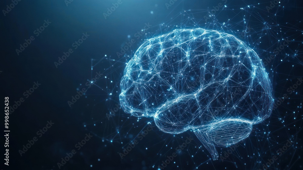 Wall mural abstract digital brain made of glowing lines and dots on a dark blue background.