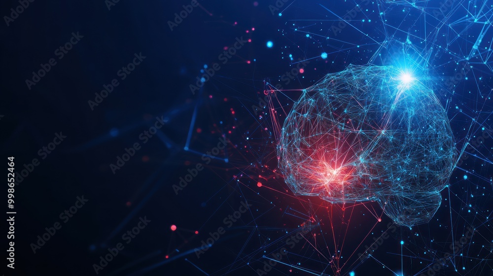 Wall mural abstract brain made of glowing lines and dots with red and blue light.