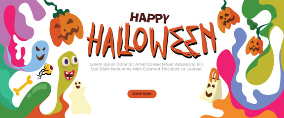 Fototapeta premium Monsters in Disguise Halloween Theme concept. abstract geometric liquid form. monster halloween with hand drawn banner template vector illustration.