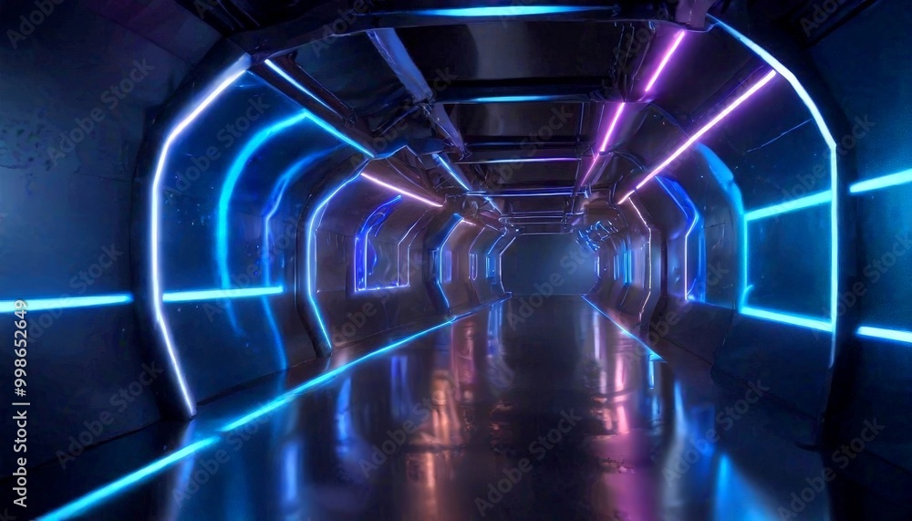 Poster a long, dimly lit corridor with curved walls and glowing blue and purple lights, creating a futurist