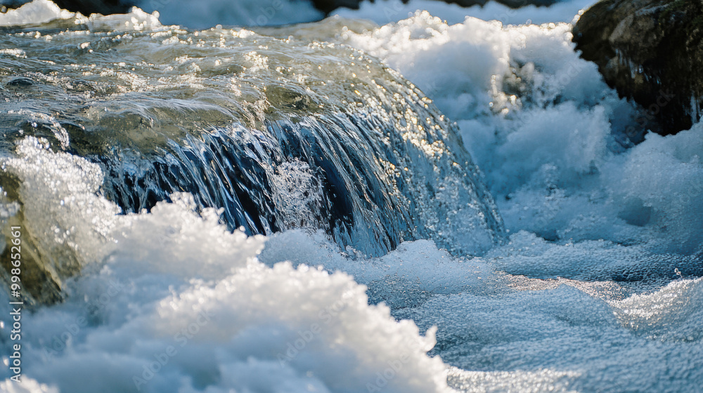 Aufkleber image captures close up view of water cascading over rocks, creating frothy and dynamic scene. sunli
