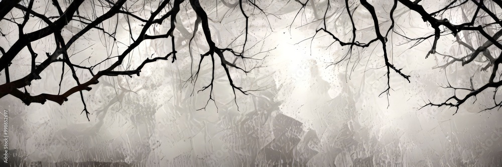 Poster a dark, foggy forest scene with bare tree branches reaching out into the mist, creating a sense of m