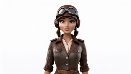 3D Portrait of a female pilot wearing goggles and a leather jacket on a white background