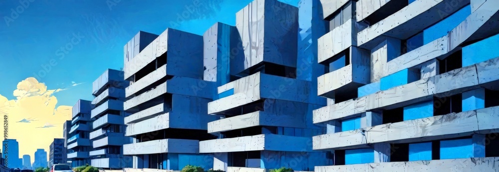 Poster a modern architectural structure with a series of stacked concrete blocks in shades of blue and gray