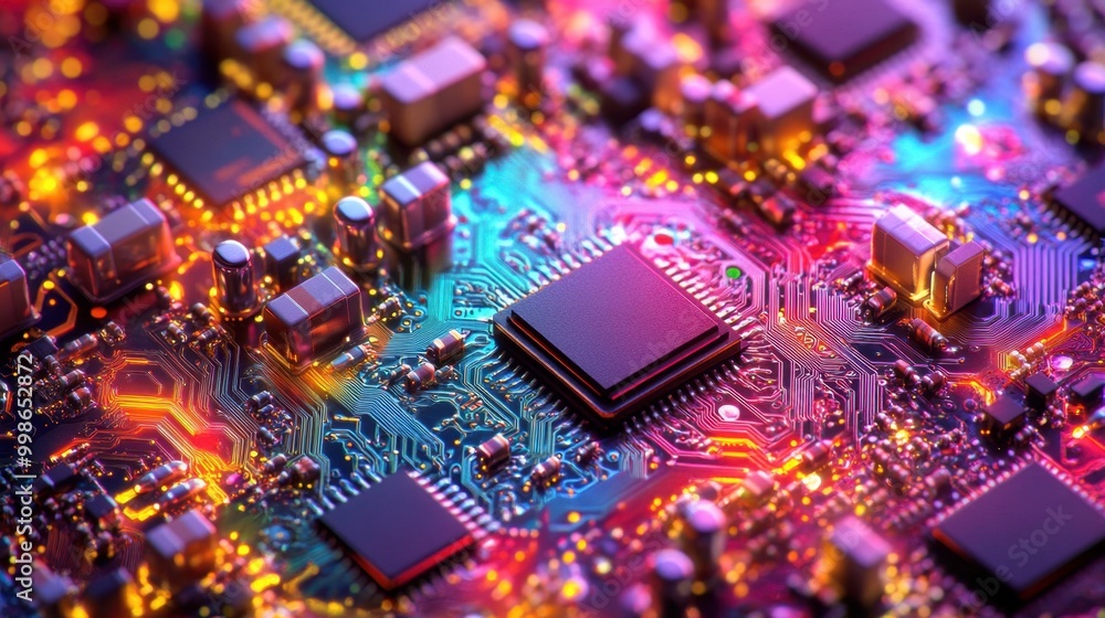 Poster a vibrant close-up of a colorful computer circuit board, with cpu chips and processors representing 