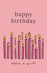 Happy Birthday card with cartoon candles illustration on pink background. Sticker style greeting card in retro style. Cute postcard for child or design for your brand.