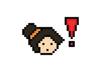 Obraz premium Cute pixel cartoon character woman with exclamation mark decoration 8 bit female girl lady surprise idea exclamation alert cartoon pixel game png vector.