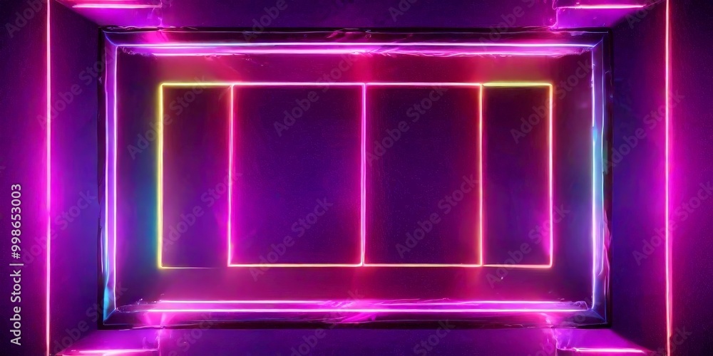 Poster a vibrant, abstract digital artwork featuring a rectangular frame with four neon-colored panels arranged in a grid-like pattern The panels are illuminated in shades of