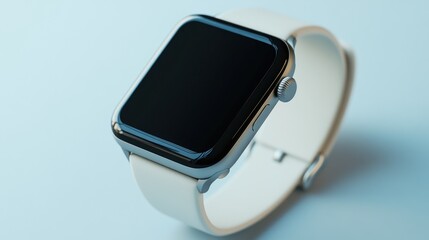 Smartwatch with a white band on a light blue background.