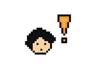 Obraz premium Cute pixel cartoon character man with exclamation mark decoration 8 bit male boy surprise idea exclamation alert cartoon pixel game png vector.