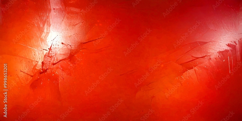 Poster a close-up view textured surface with a red-orange hue, featuring a pattern of cracks and splatters