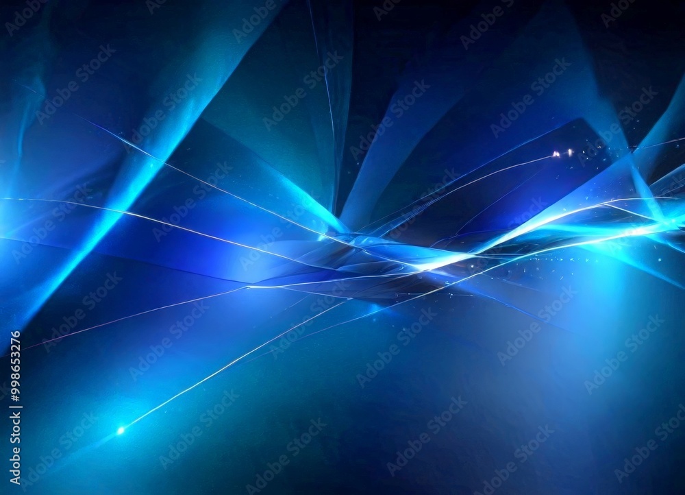 Poster a striking abstract composition of intersecting lines and glowing blue and white lights, creating a sense of depth and movement