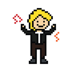 Obraz premium Cartoon pixel character cute man exercises training dance lifestyle music decoration life style 8 bit male boy dance with music game fitness isolated PNG vector.