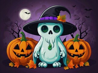 Fototapeta premium Halloween ghost character flat illustration with halloween hat on ghost head