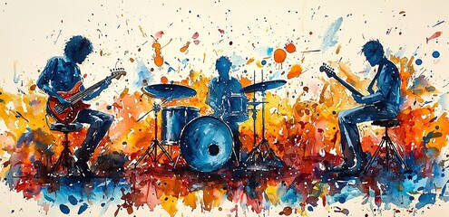 Watercolor painting of a rock band performing live on stage.