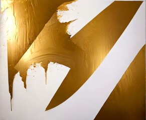 an abstract painting with a white background and gold paint splatters The painting features a diagonal line and a vertical line, creating a dynamic composition