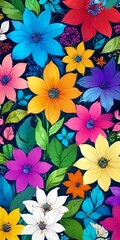 A vibrant and colorful floral pattern featuring a variety of flowers in shades of blue, pink, yellow, purple, and white against a dark background