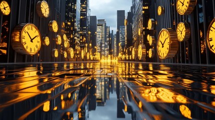 Obraz premium Surreal Cityscape with Floating Clocks at Dusk