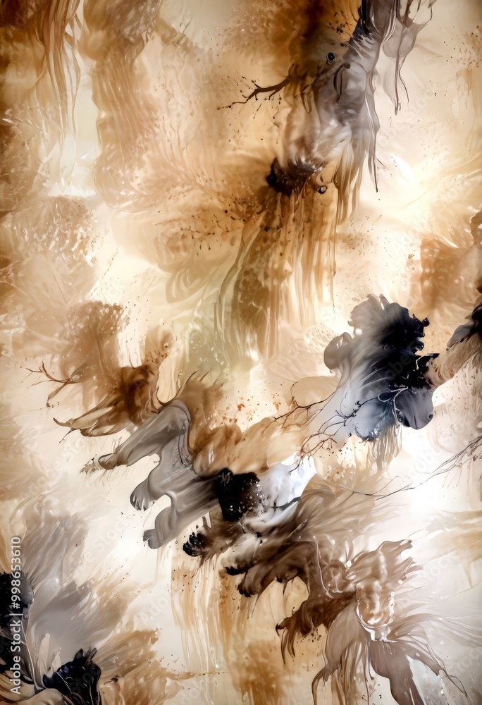 Poster an abstract painting featuring a swirling pattern of dark and light brown hues, with splashes of black and white, creating a dynamic and textured composition