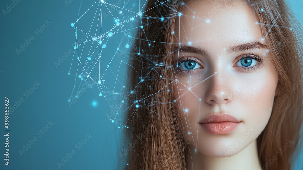 Poster the face of a beautiful woman with a confident, forward-looking expression, surrounded by a web of g
