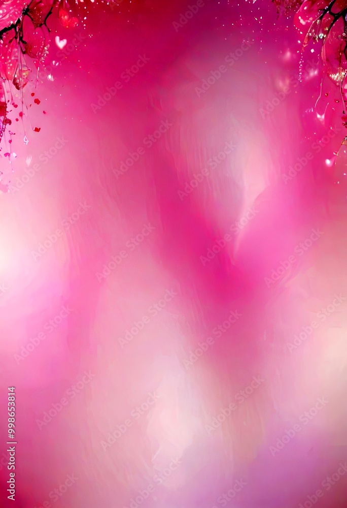 Poster a soft, blurred pink background with a subtle gradient effect, and delicate pink flowers and branches on the left side, creating a serene and romantic atmosphere