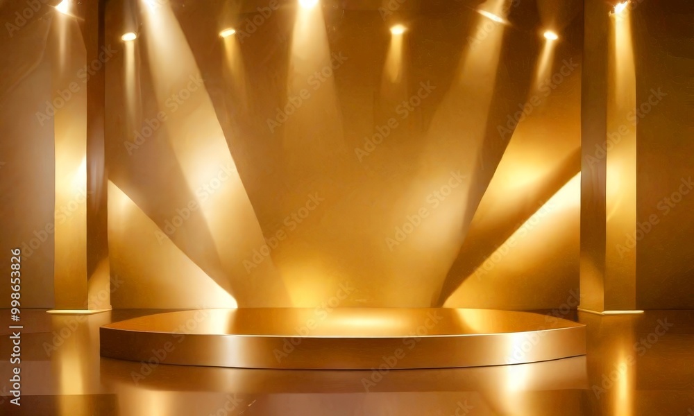 Poster A golden stage with a circular platform, flanked by columns, is illuminated by a series of spotlights, creating a dramatic and theatrical setting
