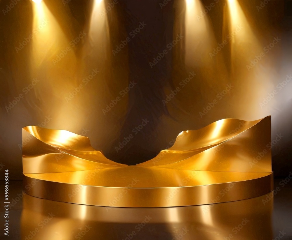 Poster a golden, curved platform with a reflective surface, set against a dark background with three spotli