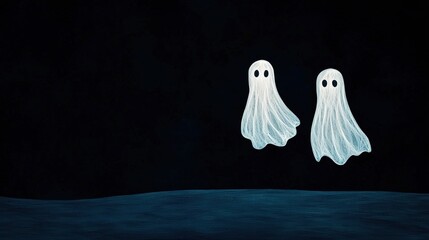 Two cute ghost figures floating in a dark, mysterious environment.