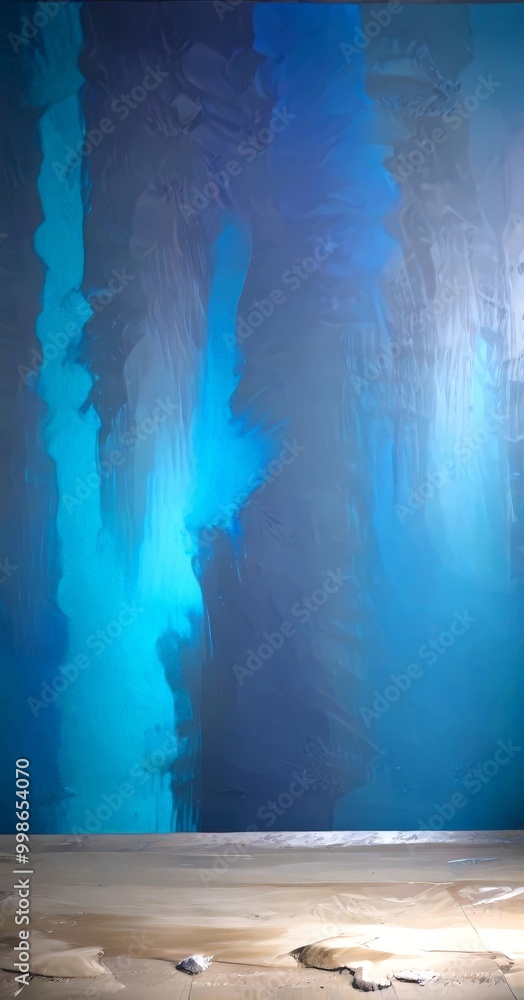Poster a large abstract painting with vertical lines and splashes of blue and white paint on a concrete flo