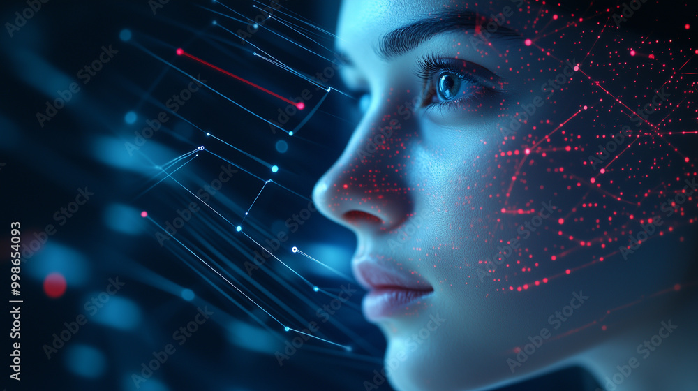 Poster a powerful womanâs face, her confident expression illuminated by glowing lines of data and network