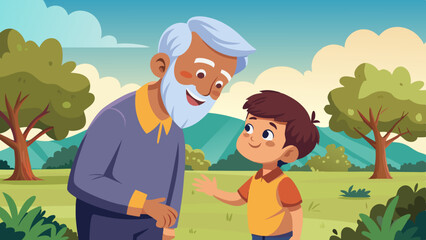 Hand-Drawn Elderly Man and Grandson in Park. Perfect for: Grandparents' Day, Family Reunions, Park Events