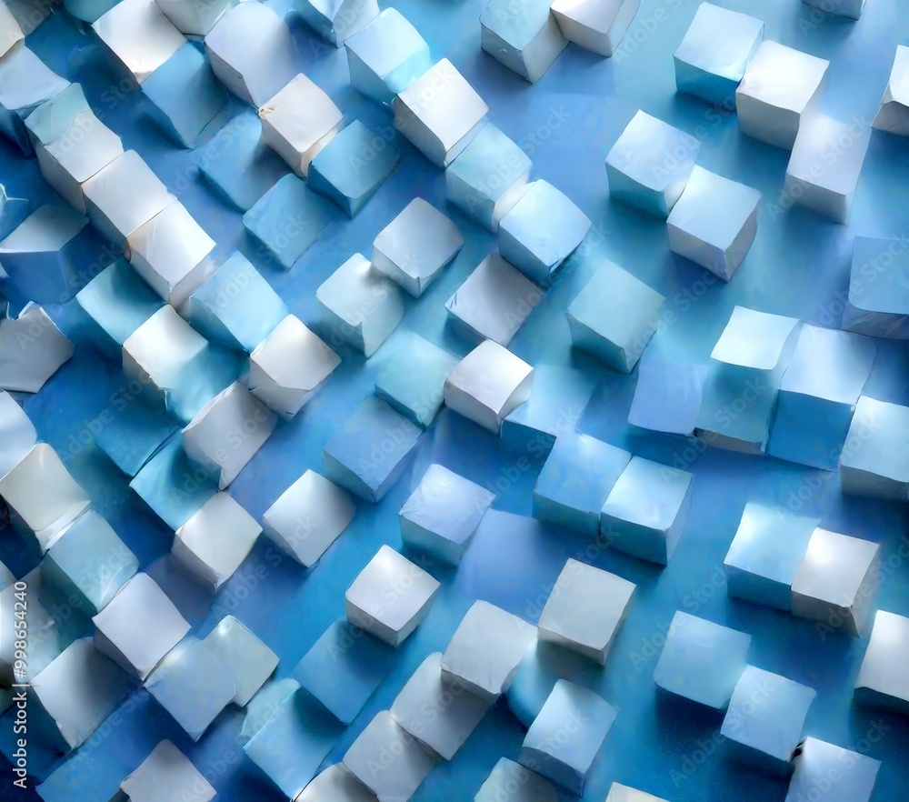 Poster a pattern of white cubes arranged in a diagonal grid, with varying shades of blue and white, creating a visually striking and abstract composition