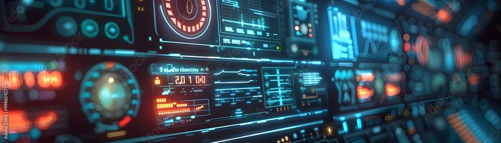 Poster vintage inspired holographic interface displaying analog like data meters in retro futuristic style